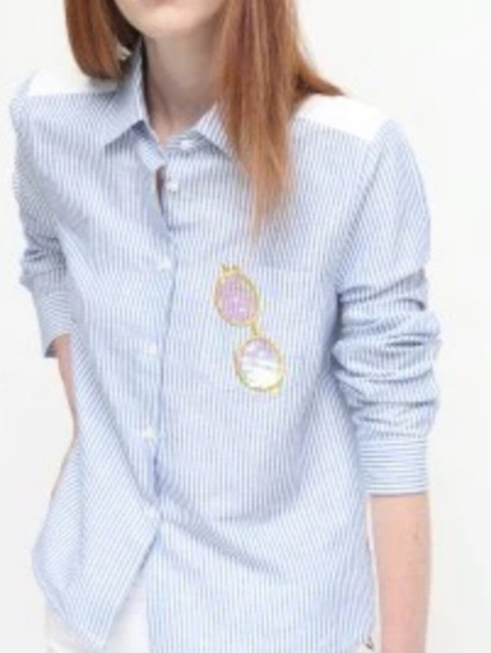 Vilagallo Blue Striped Embroidered Sequin And Donut Back Button Down Shirt